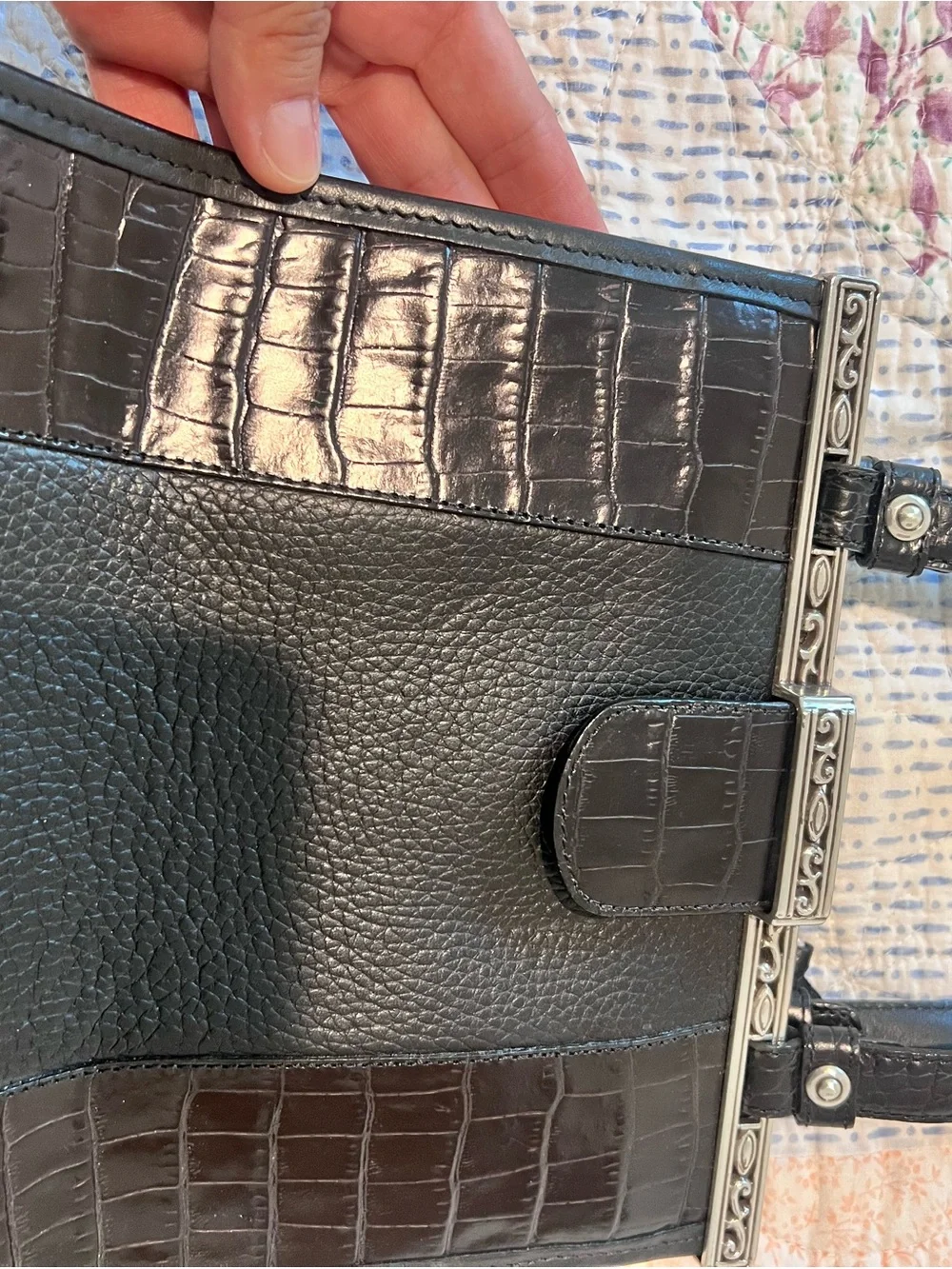 Brighton Black Leather Croc Embossed Handbag